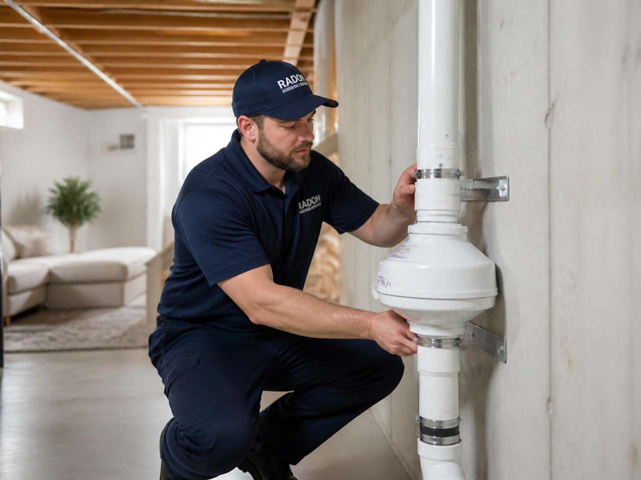 Technician placing a continuous radon monitor in a Cincinnati basement