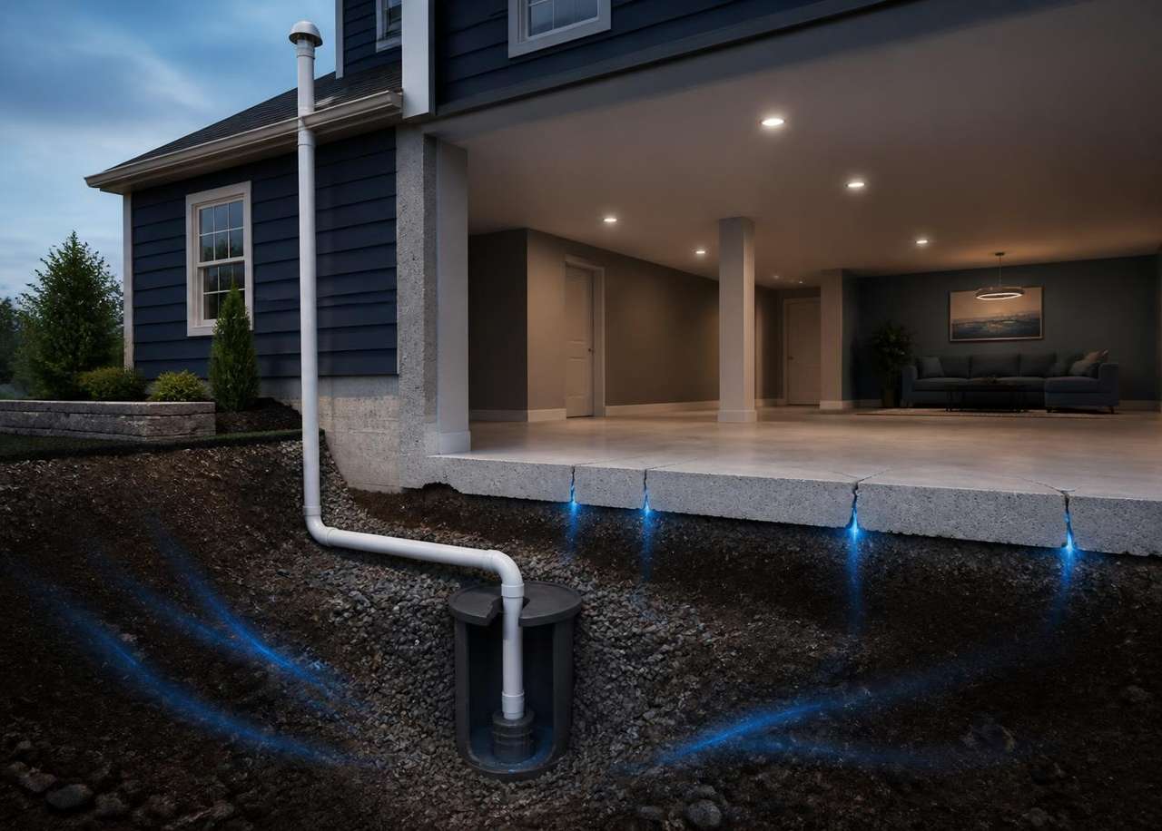 Cutaway illustration of radon soil gas entering a home through basement slab cracks and being vented outside by a mitigation pipe